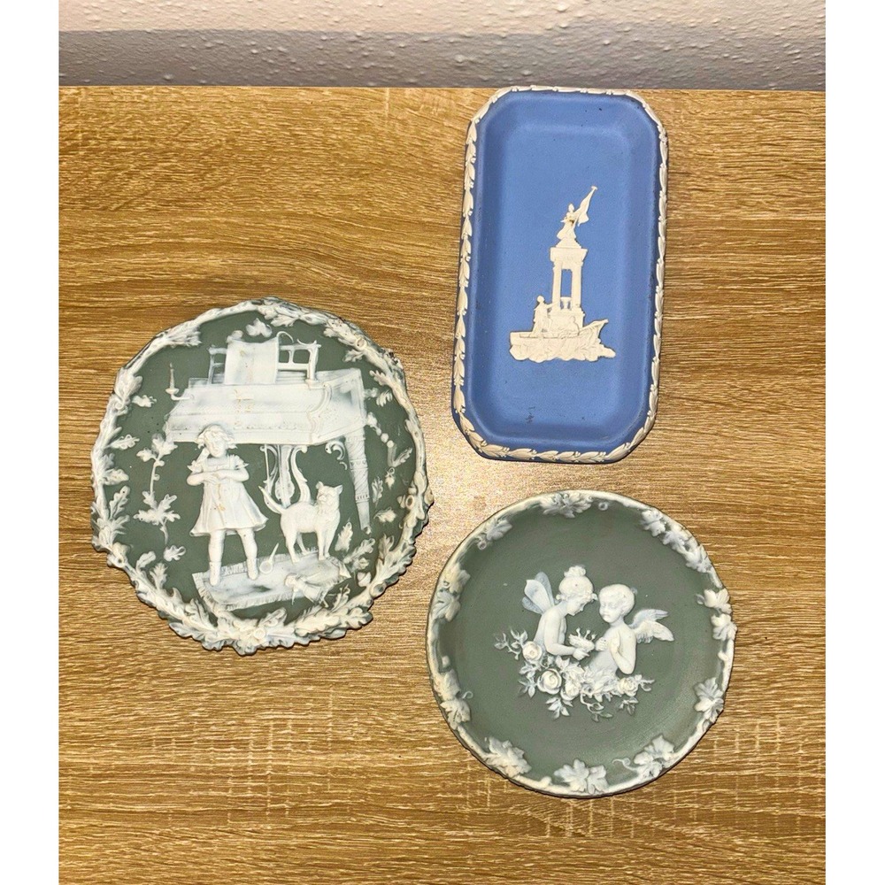3-Piece Vintage Jasperware Lot Wedgwood Blue Tray & 2 Sage Green Wall Plaques